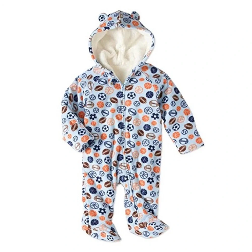 Healthtex Blue Sports Print Pram Fleece Eared Footed Baby Boy Winter Snowsuit